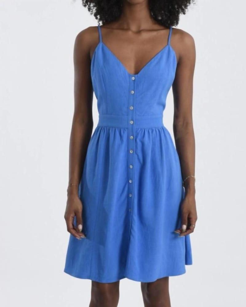 Front of a model wearing a size L Front Buttons Dress In Blue in Blue by MOLLY BRACKEN. | dia_product_style_image_id:345657
